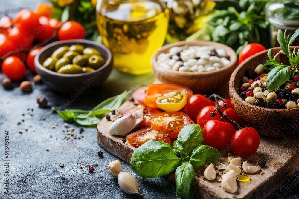 Healthy food for balanced flexitarian mediterranean diet concept, ai