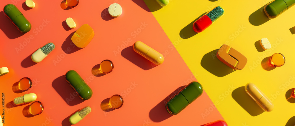 An eye-catching flat lay of colorful pills and capsules displayed on a divided orange and yellow background, creating a harmonious yet dynamic design. An eye-catching flat lay of colorful pills and capsules displayed on a divided orange and yellow background, creating a harmonious yet dynamic design.