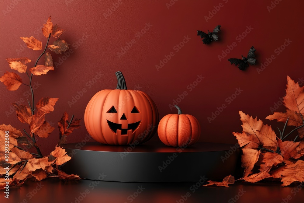 Halloween with pumpkin and empty minimal podium pedestal product display for product placement background 3d illustration with generative ai Halloween with pumpkin and empty minimal podium pedestal product display for product placement background 3d illustration with generative ai