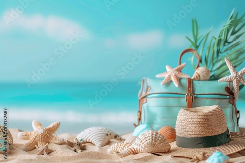 White sand with tron leaves, hat and starfish with rectangular step for text. Summer banner with copy space for advertising and discounts.