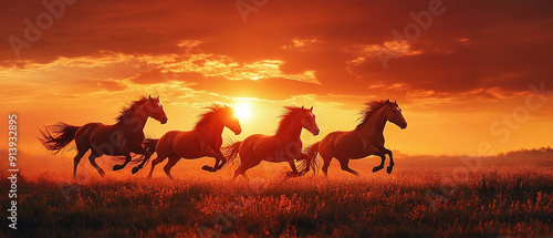 Horses running in the field during sunset.