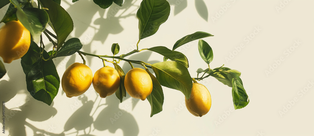 Yellow lemons hanging on a branch with green leaves on white background Yellow lemons hanging on a branch with green leaves on white background