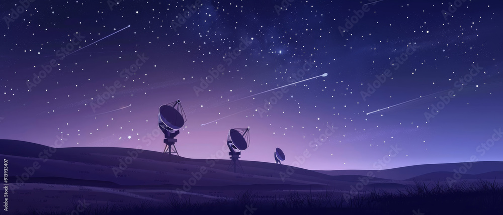 A tranquil, night sky with shooting stars and a trio of satellite dishes on rolling hills, under a captivating purple haze. A tranquil, night sky with shooting stars and a trio of satellite dishes on rolling hills, under a captivating purple haze.