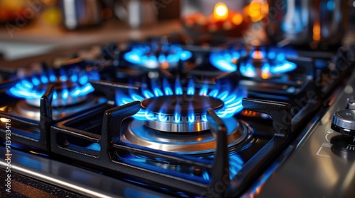 Close-up view of a gas stovetop burner with blue flames ignited, showcasing a modern kitchen appliance with a sleek black and stainless steel design.