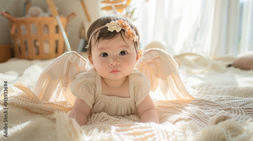 Fototapeta premium Adorable Baby Girl with Angel Wings Lying on a White Blanket in a Sunlit Room
