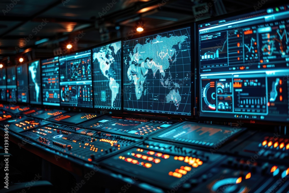 Control Room with Monitors Displaying World Map and Data Control Room with Monitors Displaying World Map and Data