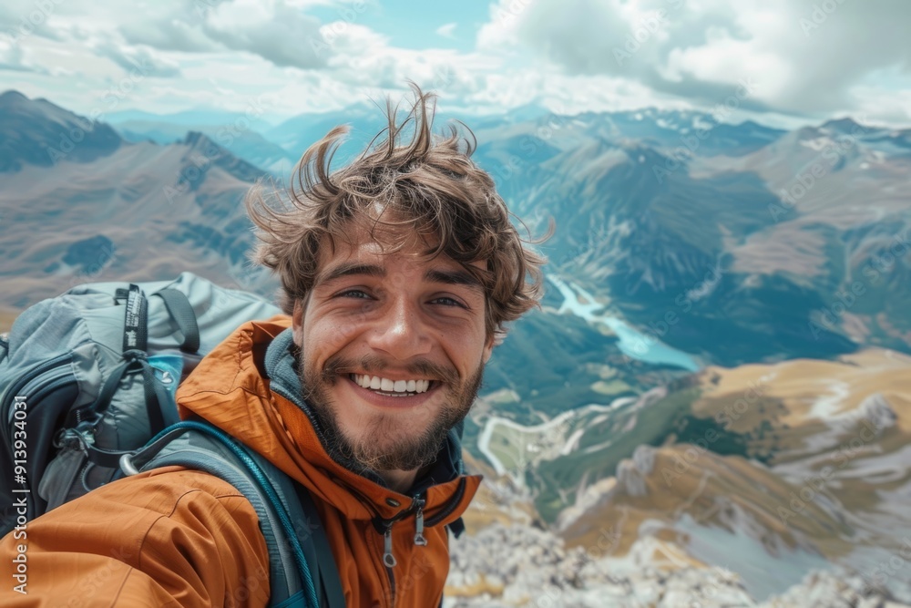 Male hiker tourist taking a selfie on mountain top Male hiker tourist taking a selfie on mountain top