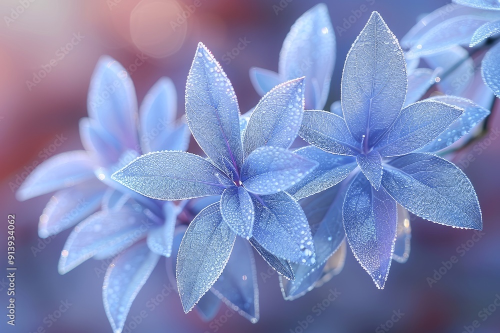 Fototapeta premium Delicate Blue Leaves with Dew Drops and Soft Bokeh