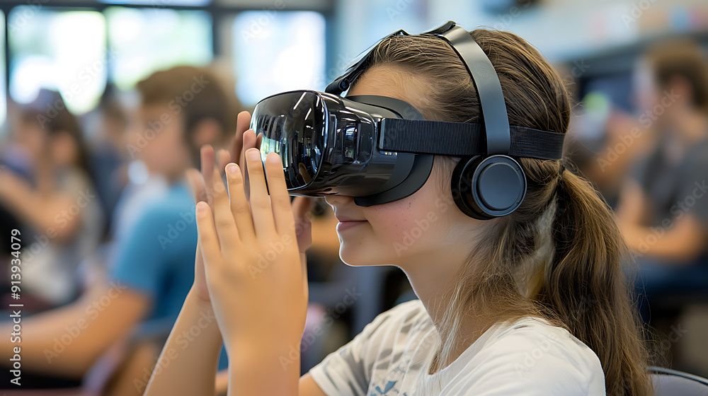 A student using virtual reality goggles to engage in an immersive learning experience in a tech-savvy classroom A student using virtual reality goggles to engage in an immersive learning experience in a tech-savvy classroom