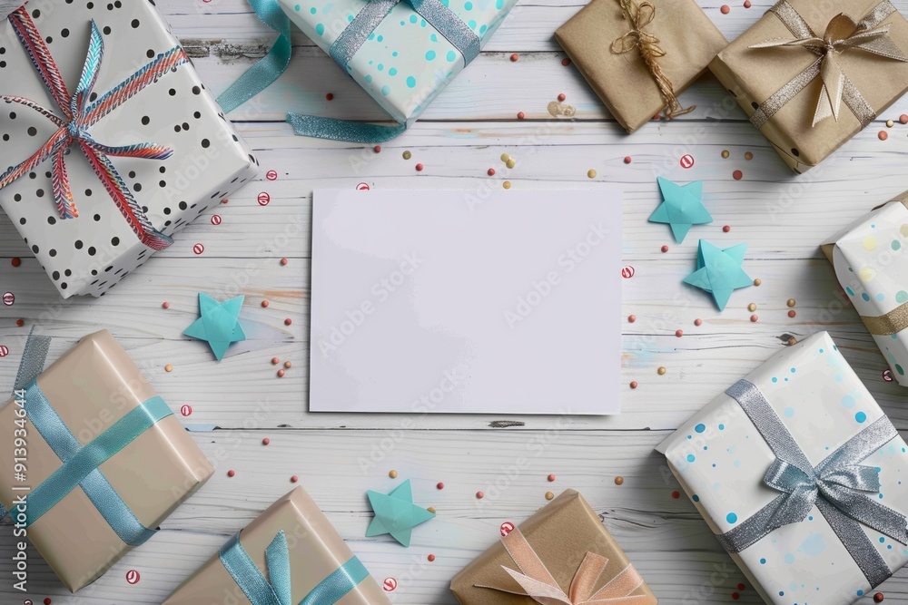 Blank greeting card placed on white table surrounded by gift boxes Blank greeting card placed on white table surrounded by gift boxes
