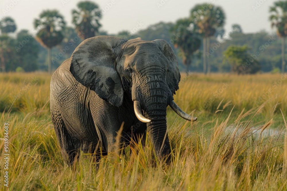 Fototapeta premium Elephant in tall grass with blurred palm trees in the background