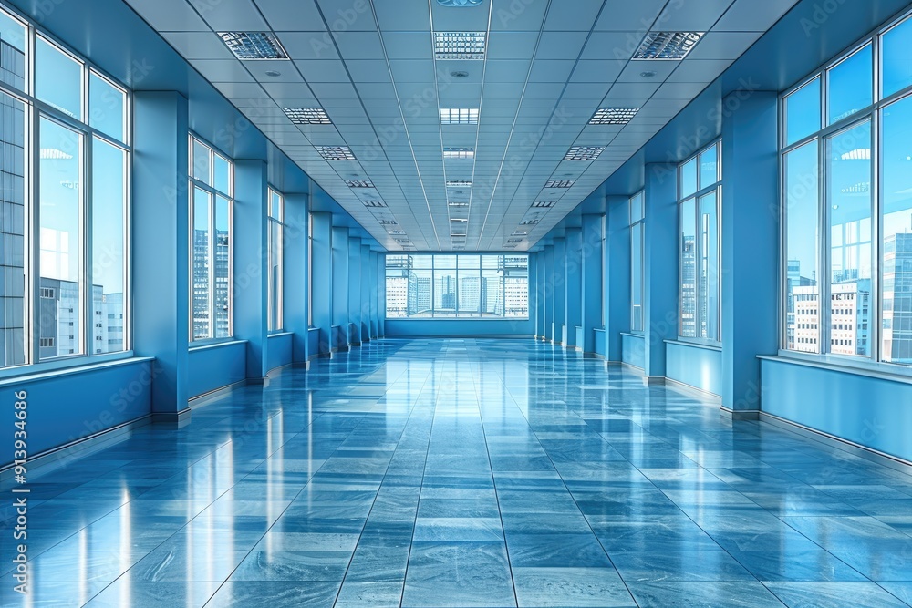 Empty Blue Office Hallway With Windows and City View Empty Blue Office Hallway With Windows and City View