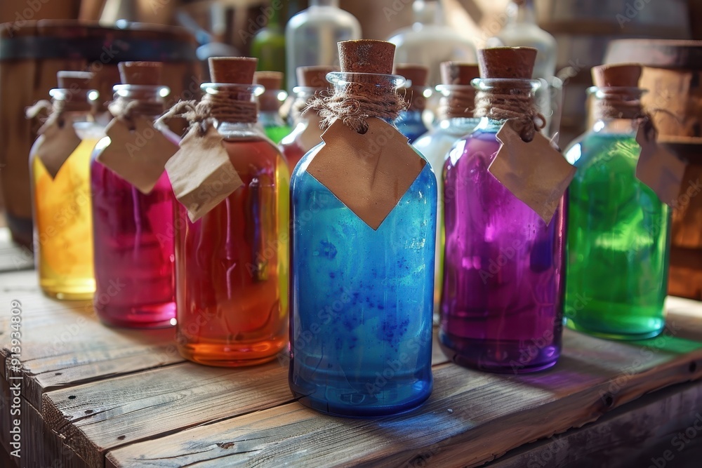 A row of colorful bottles with flowers on them sit on a table A row of colorful bottles with flowers on them sit on a table