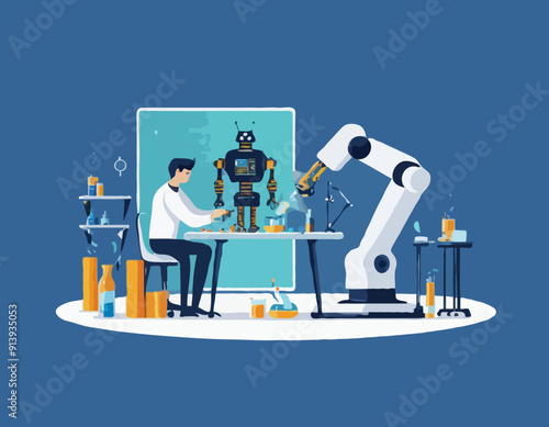 Engineers Scientists Tiny Characters Making Programming Huge Robot in Science Laboratory. Robotics Hardware and Software