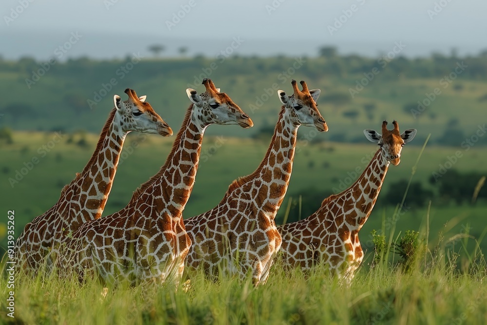 Obraz premium Four Giraffes Grazing in a Green Meadow
