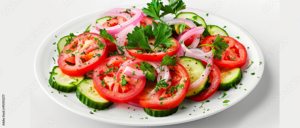 Fresh vegetable salad with sliced tomatoes, cucumbers, red onions, and parsley on a white plate, creating a vibrant and healthy dish. Fresh vegetable salad with sliced tomatoes, cucumbers, red onions, and parsley on a white plate, creating a vibrant and healthy dish.