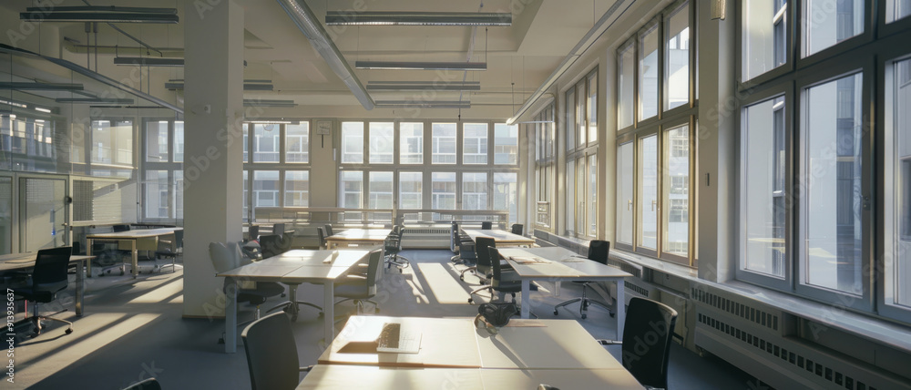 Fototapeta premium A spacious, sunlit office with rows of desks and large windows, fostering a productive and open work environment.