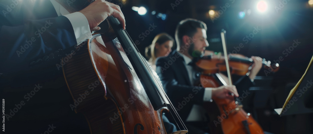 Fototapeta premium Musicians passionately perform with violins in a dimly lit concert hall, highlighting the elegance and intensity of a live orchestral performance.