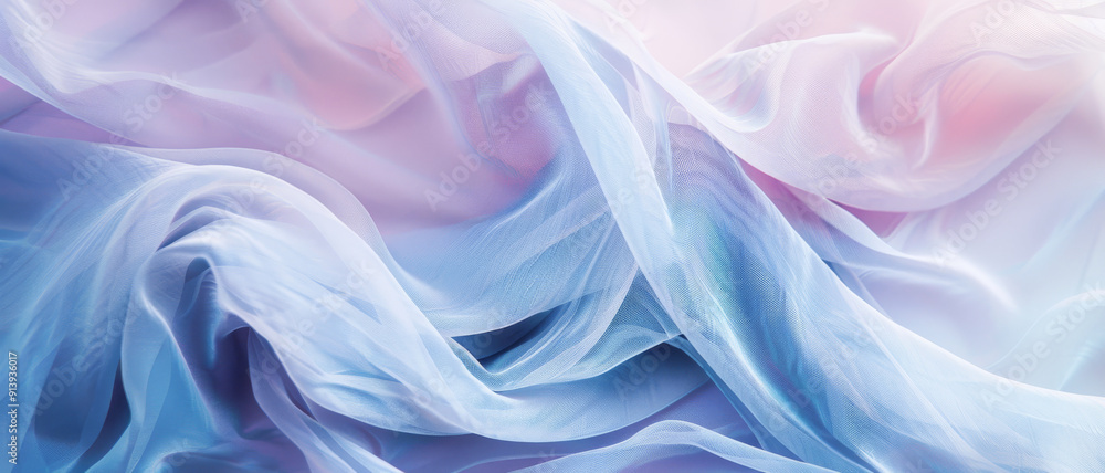 Sheer pastel fabric waves floating gracefully in a serene blend of soft blue and subtle pink hues, evoking dreamlike tranquility. Sheer pastel fabric waves floating gracefully in a serene blend of soft blue and subtle pink hues, evoking dreamlike tranquility.