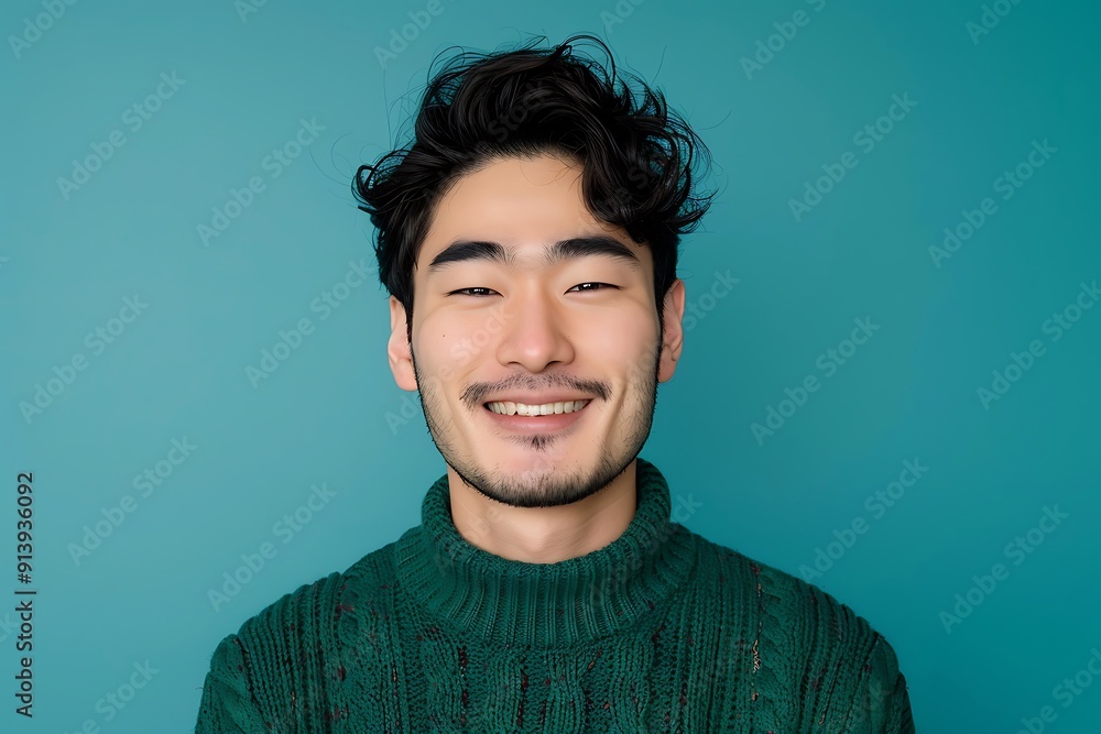 Smiling Man in Green Sweater Against a Blue Background Smiling Man in Green Sweater Against a Blue Background