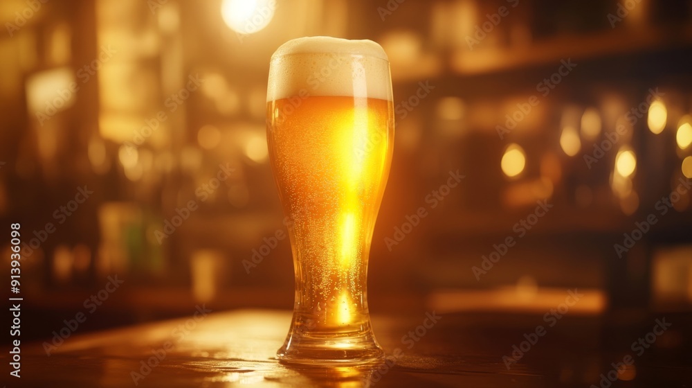 Golden beer in a tall glass, illuminated by warm, soft light, with a rich frothy head glistening invitingly. Golden beer in a tall glass, illuminated by warm, soft light, with a rich frothy head glistening invitingly.