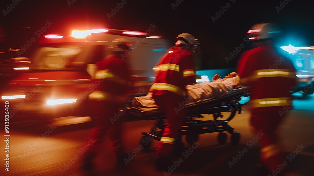 Obraz premium Paramedic team in action, transporting patient with urgency, blurred background for rapid movement
