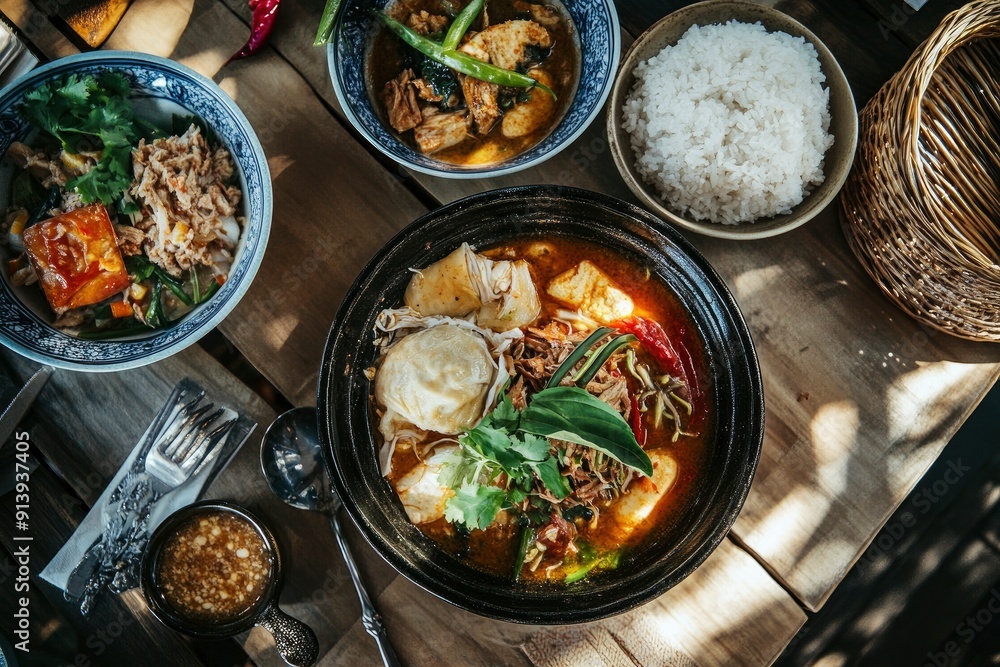Overhead view of food served in bowl on table, ai Overhead view of food served in bowl on table, ai