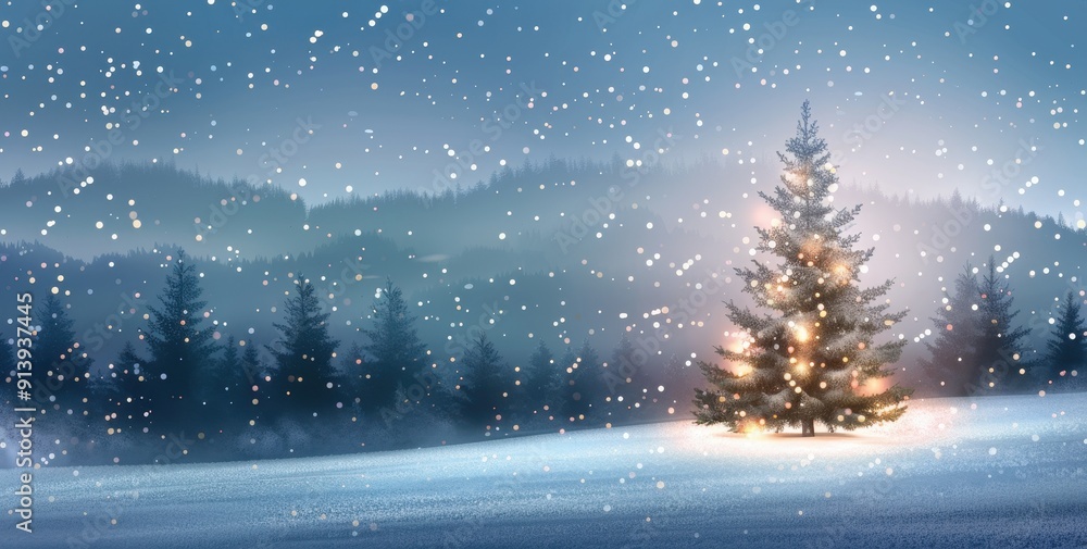 Decorated Christmas tree glowing under the night sky - A peaceful winter landscape with falling snowflakes Decorated Christmas tree glowing under the night sky - A peaceful winter landscape with falling snowflakes