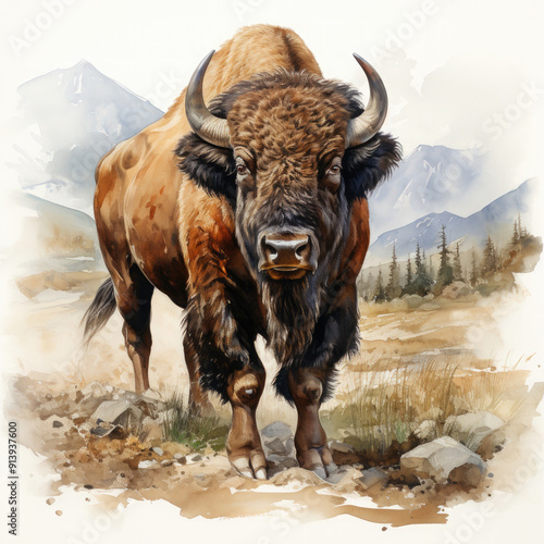Watercolor Buffalo, clipart Illustration, Generative Ai