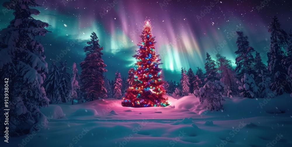 Fototapeta premium Christmas Tree in the Winter Wonderland Landscape with Aurora Borealis and Majestic Lights