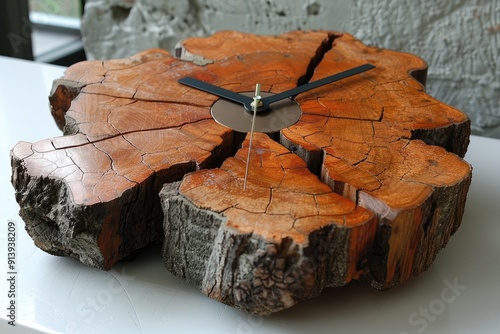 Rustic Wooden Tree Stump Clock with Black Hands photo