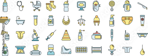 Baby health icons set outline vector. Breast milk. Pump mom thin line color flat on white