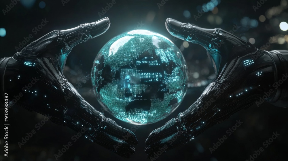 Naklejka premium Hands of a robot and a human cradling a digital world with holographic continents and data