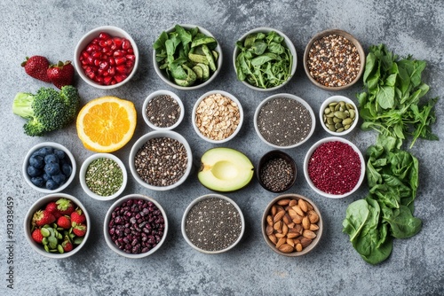 Healthy food clean eating selection: fruit, vegetable, seeds, superfood, cereal, leaf vegetable on gray concrete background , ai