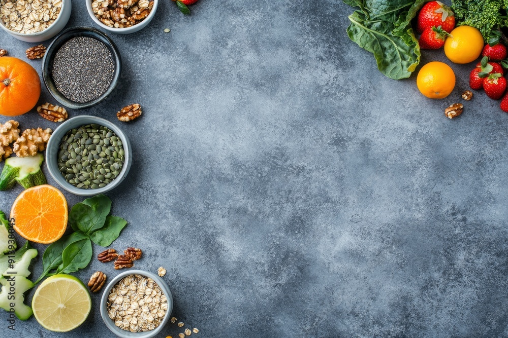 Healthy food clean eating selection: fruit, vegetable, seeds, superfood, cereal, leaf vegetable on gray concrete background , ai Healthy food clean eating selection: fruit, vegetable, seeds, superfood, cereal, leaf vegetable on gray concrete background , ai