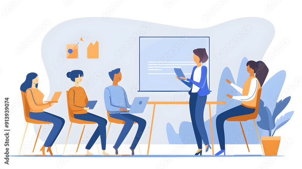 Professional conducting a training session, engaging new hires in discussion and collaboration. Learning environment. Professional conducting a training session, engaging new hires in discussion and collaboration. Learning environment.