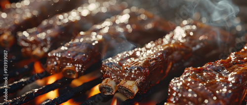 Glazed and caramelized BBQ ribs steaming on the grill, emitting sumptuous aromas and promising a delectable dining experience.