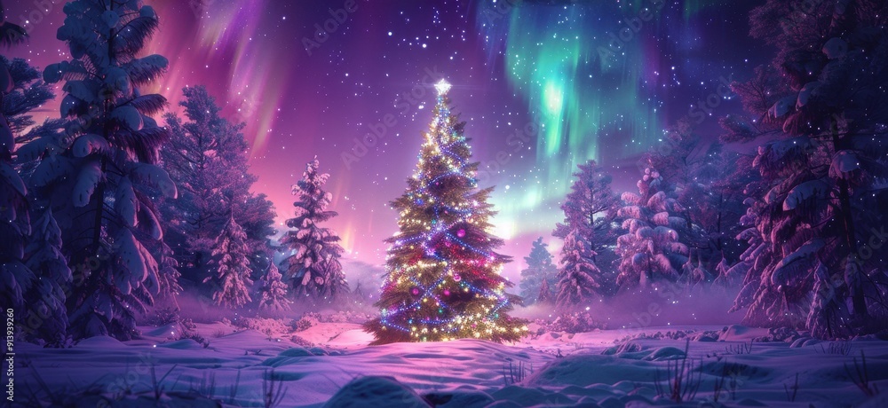 Fototapeta premium Christmas Tree in the Winter Wonderland Landscape with Aurora Borealis and Majestic Lights
