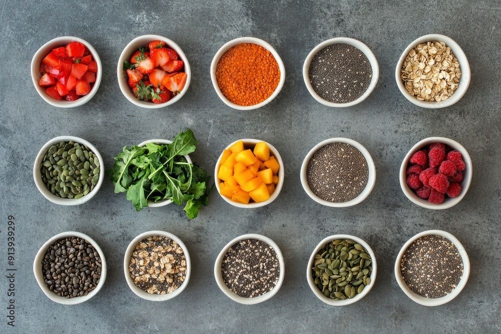 Healthy food clean eating selection: fruit, vegetable, seeds, superfood, cereal, leaf vegetable on gray concrete background , ai Healthy food clean eating selection: fruit, vegetable, seeds, superfood, cereal, leaf vegetable on gray concrete background , ai