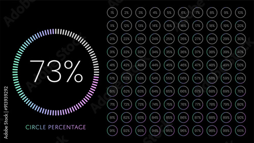 Circle percentage diagram vector illustration set from 1 to 100 with colorful soft pink neon color on black background. Gradient progress bar, loading indicator for ui, web, infographic, presentation.