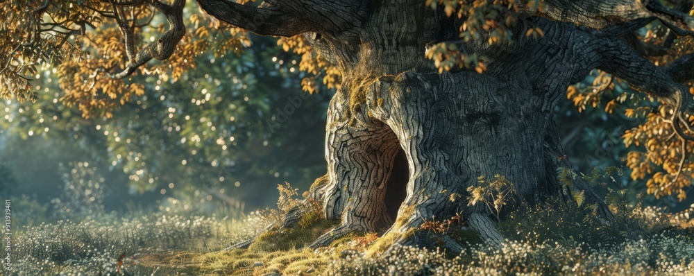 Obraz premium Ancient oak tree with a hollow trunk providing shelter for woodland creatures, 4K hyperrealistic photo