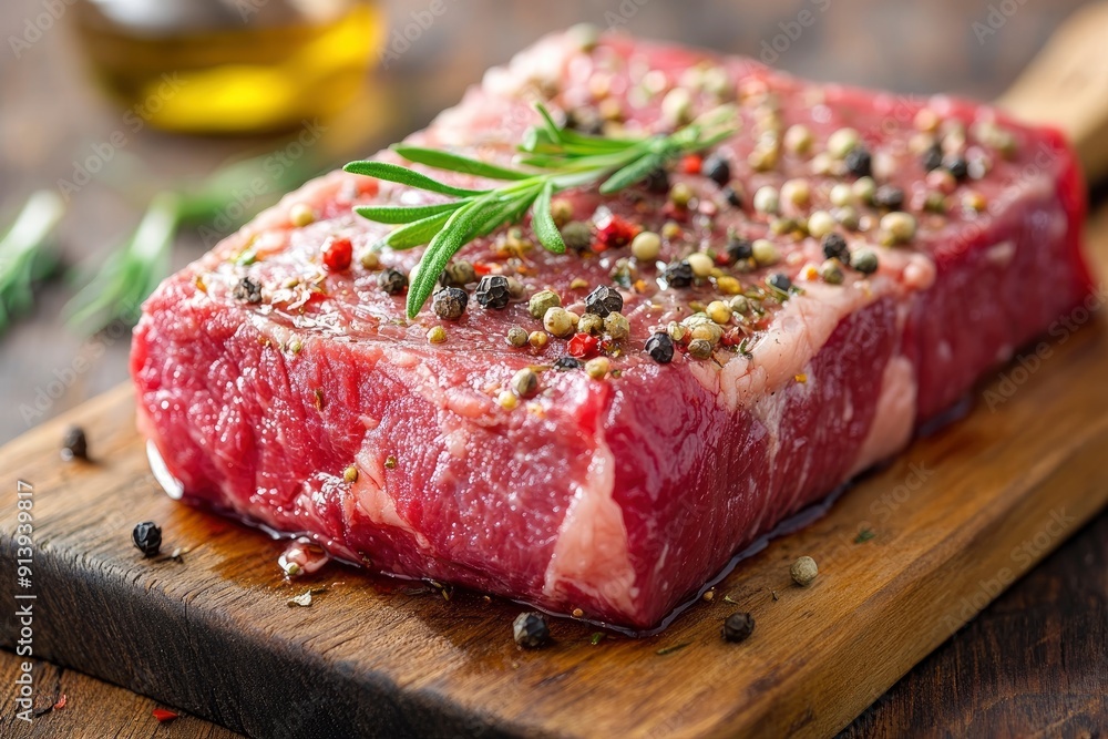 raw steak meat with herbs on wooden board , ai raw steak meat with herbs on wooden board , ai