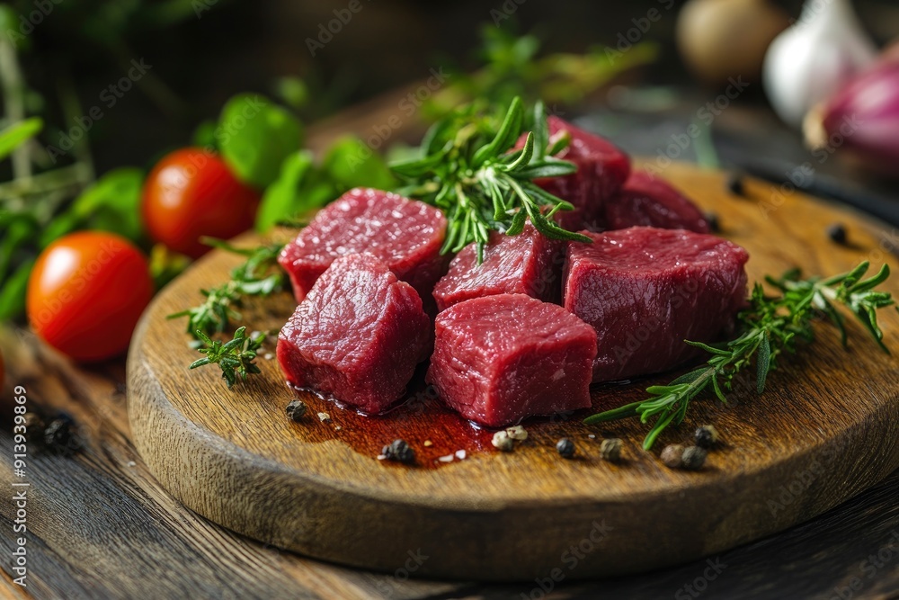 raw steak meat with herbs on wooden board , ai raw steak meat with herbs on wooden board , ai