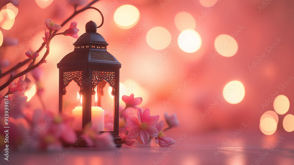 Elegant Black Lantern with Candle Among Pink Blossoms and Bokeh Background for Ramadan and Festive Decor Themes Elegant Black Lantern with Candle Among Pink Blossoms and Bokeh Background for Ramadan and Festive Decor Themes
