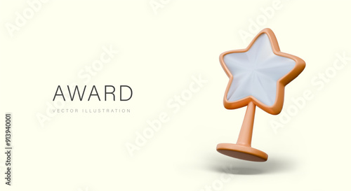 Crystal star on metal stand. Elegant statuette, award, trophy on yellow background