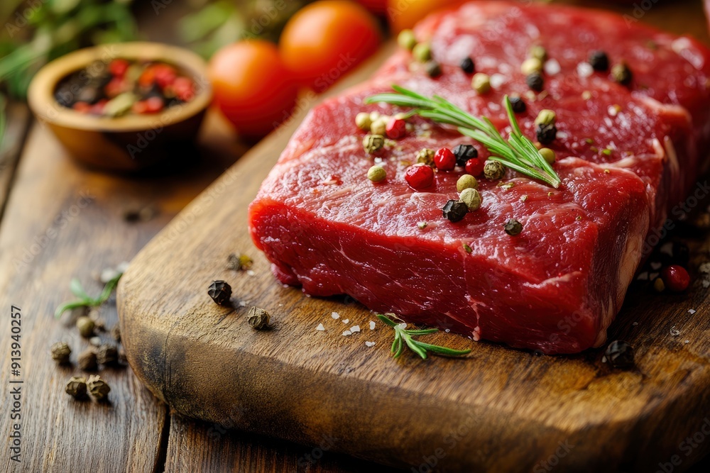 raw steak meat with herbs on wooden board , ai raw steak meat with herbs on wooden board , ai