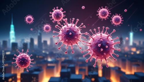 Virus particles over cityscape, representing Earth's diseases