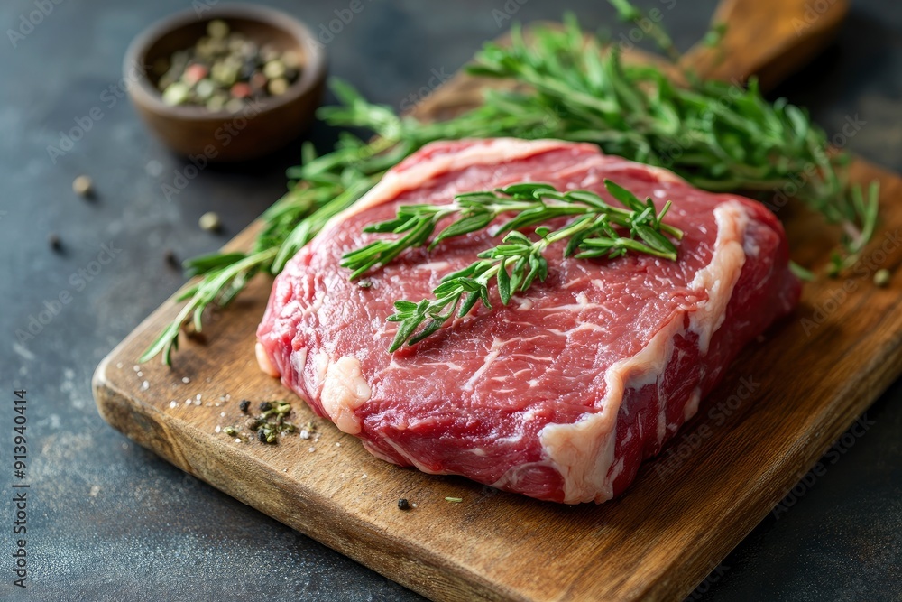 raw steak meat with herbs on wooden board , ai raw steak meat with herbs on wooden board , ai