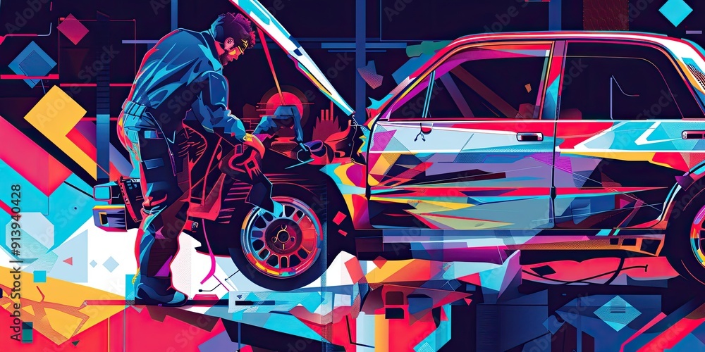 Man fixing a colorful car with the hood open. Man fixing a colorful car with the hood open.