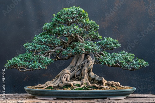 A  bonsai in Broom style, with a symmetrical canopy shaped like a fan photo